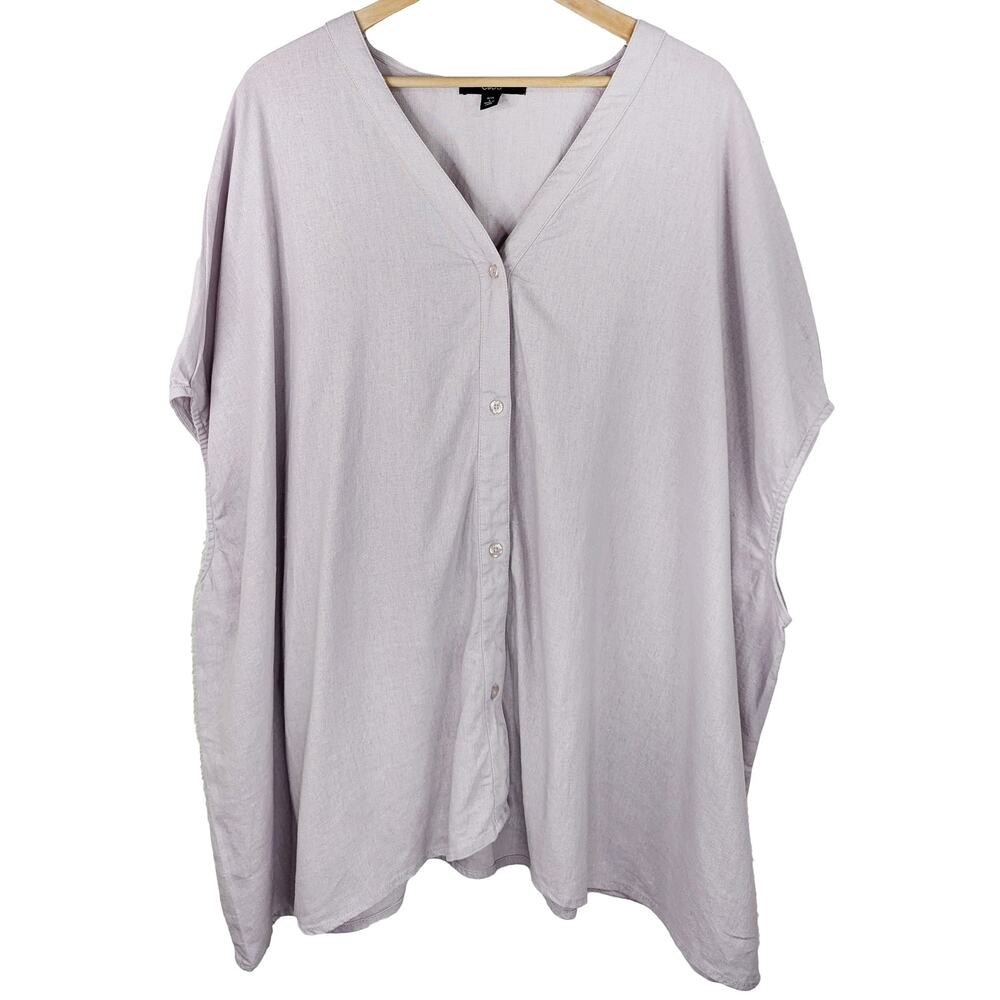 Ellos Lilac Purple Linen Rayon Top Women's L 18/20 V Neck Button Short Sleeve